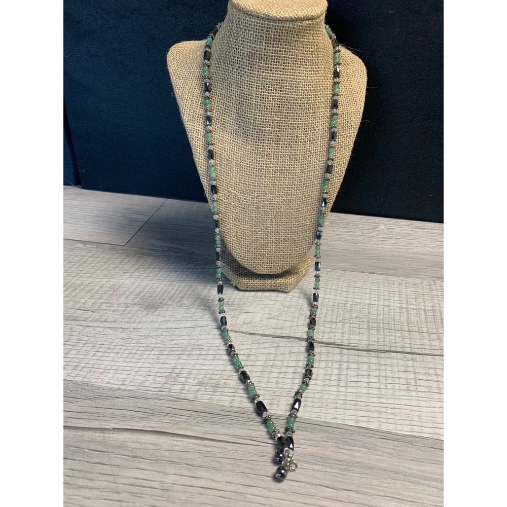 Vintage Green Aventurine Black Onyx Hematite Beaded Necklace 32 Inch Long Strand